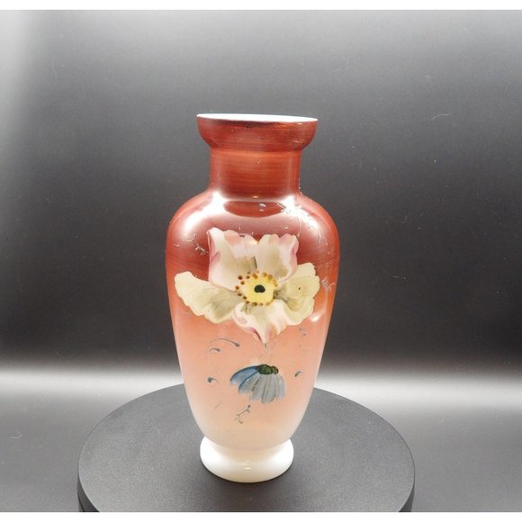 Antique Hand Painted Bristol Glass Vase Red Burgundy Umber with White Flower 9" - Picture 1 of 10